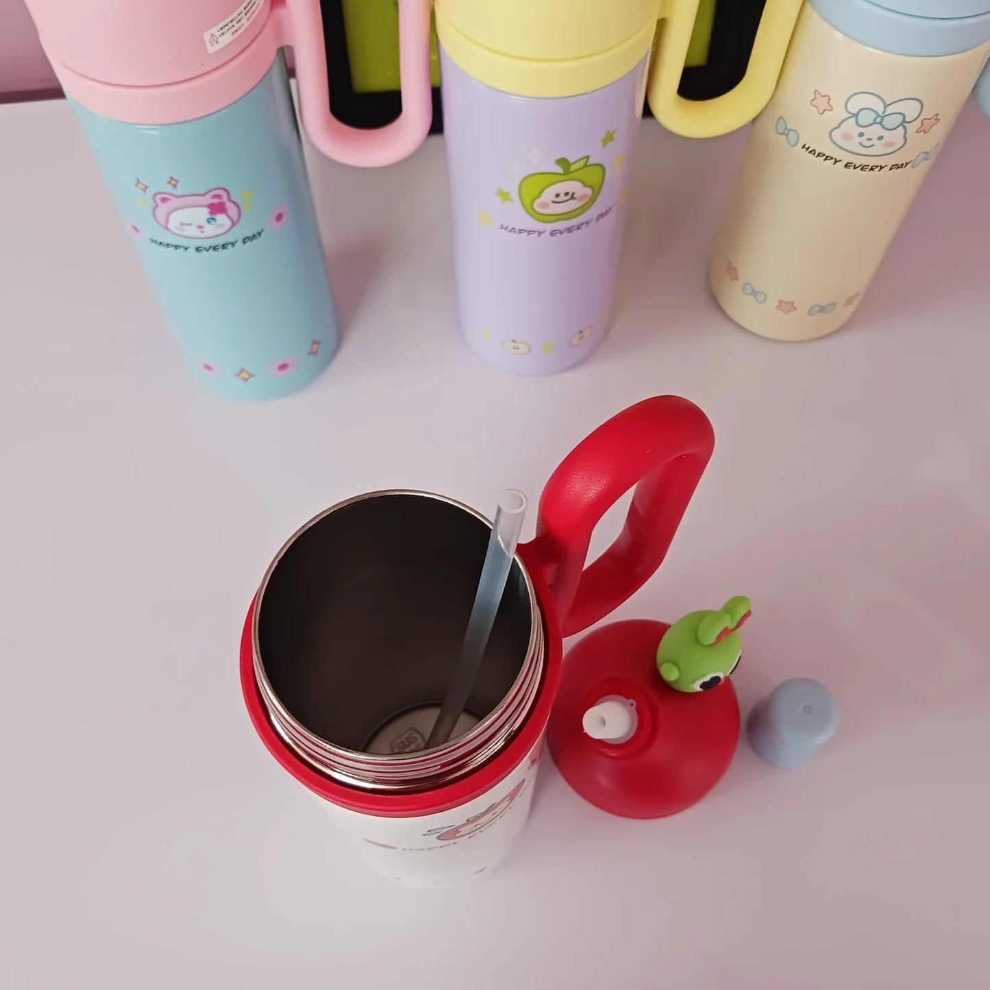 Happy Every Day- Cute Stainless Steel Water Bottles with Cute Character Caps
