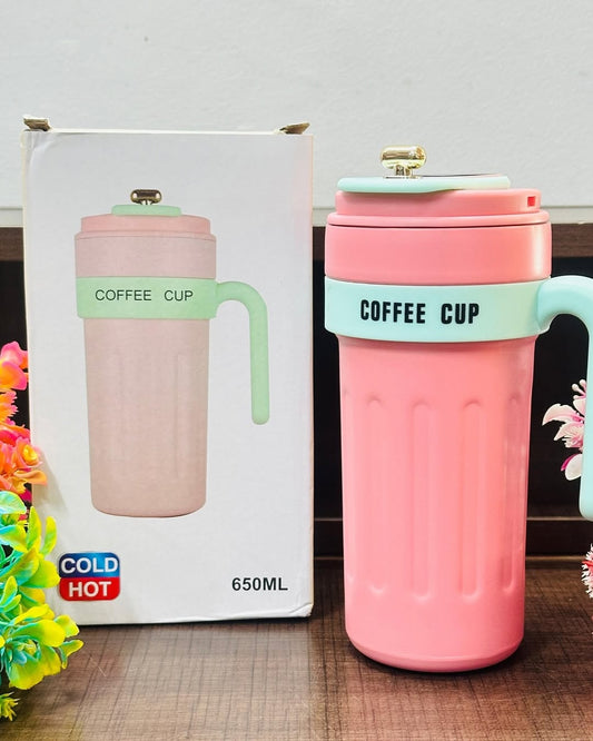 Cute Coffee Cup – 650ML | Hot & Cold Insulated Mug with Leakproof Lid & Handle