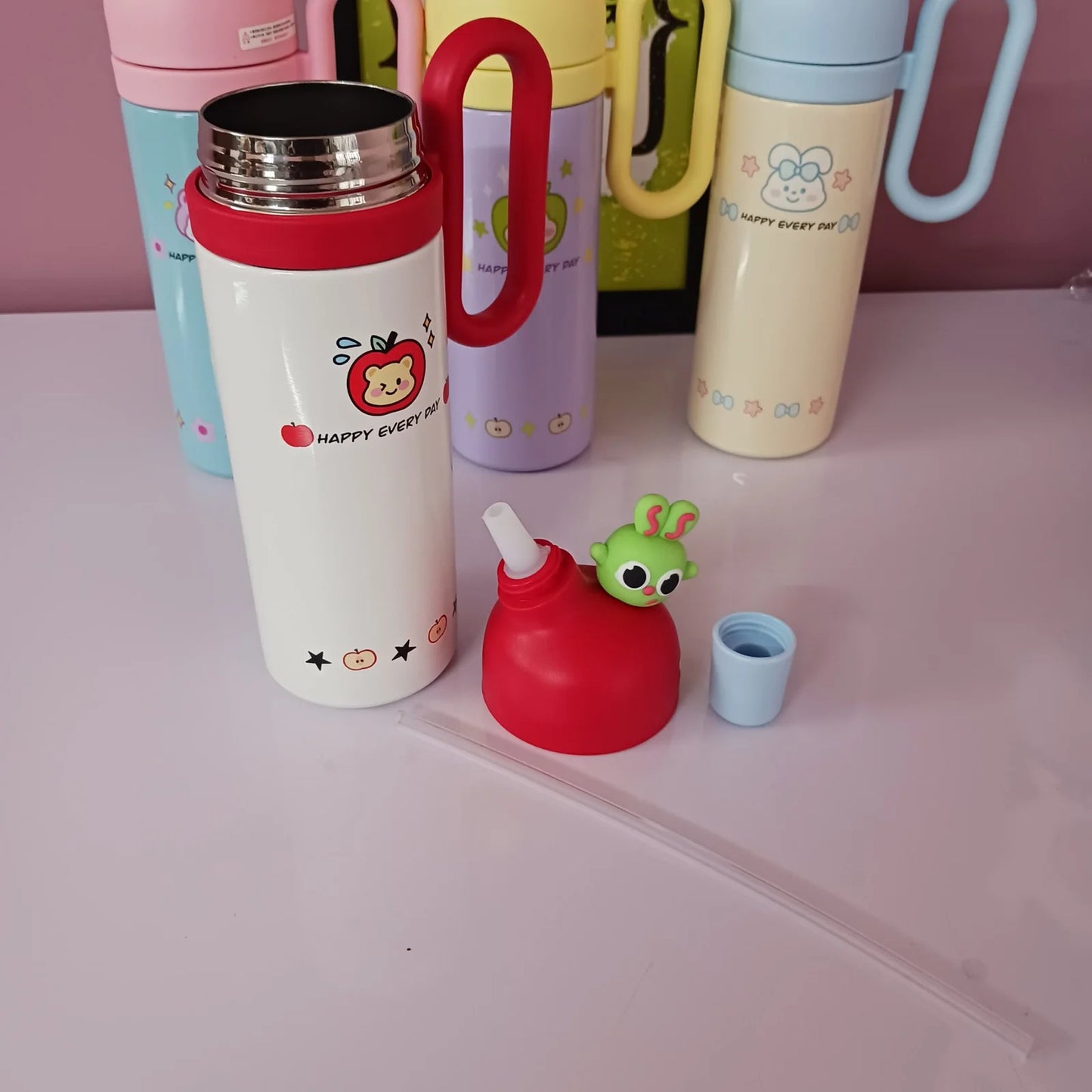Happy Every Day- Cute Stainless Steel Water Bottles with Cute Character Caps