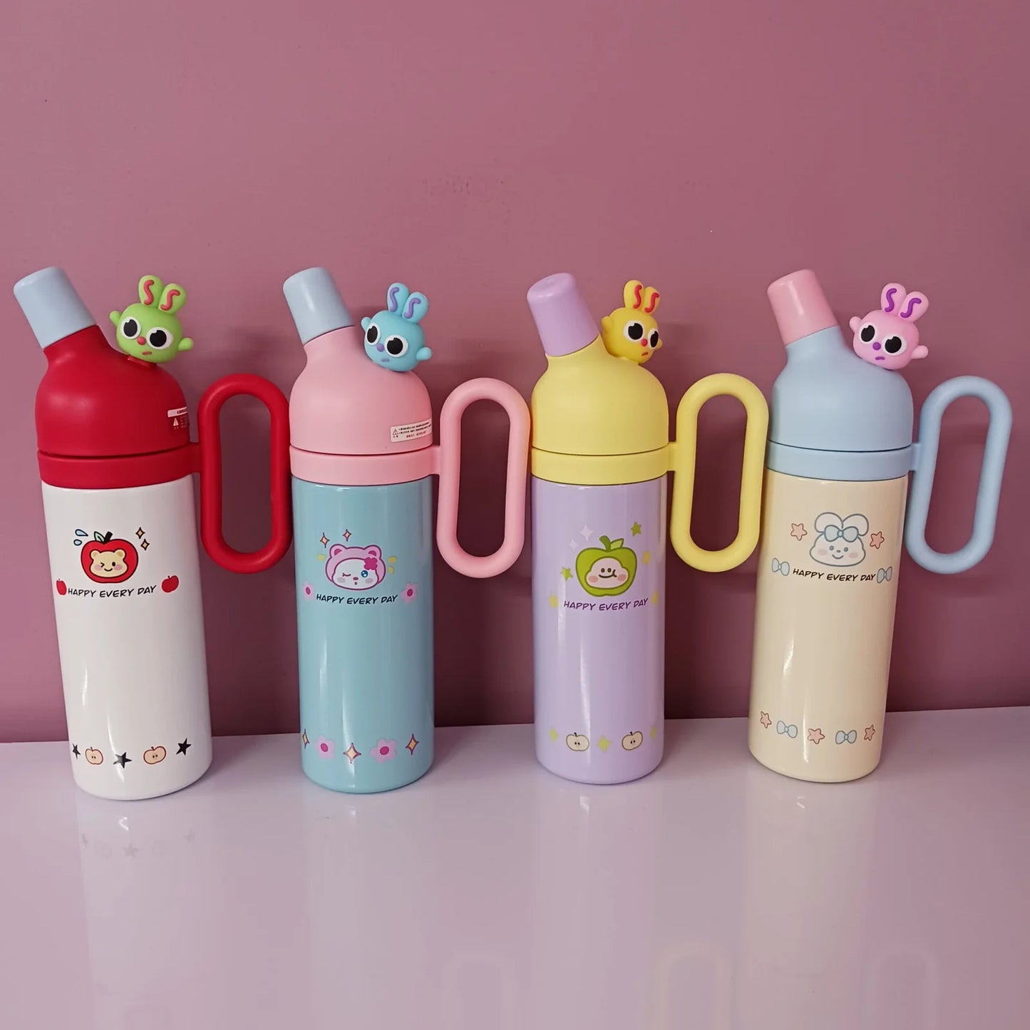 Happy Every Day- Cute Stainless Steel Water Bottles with Cute Character Caps
