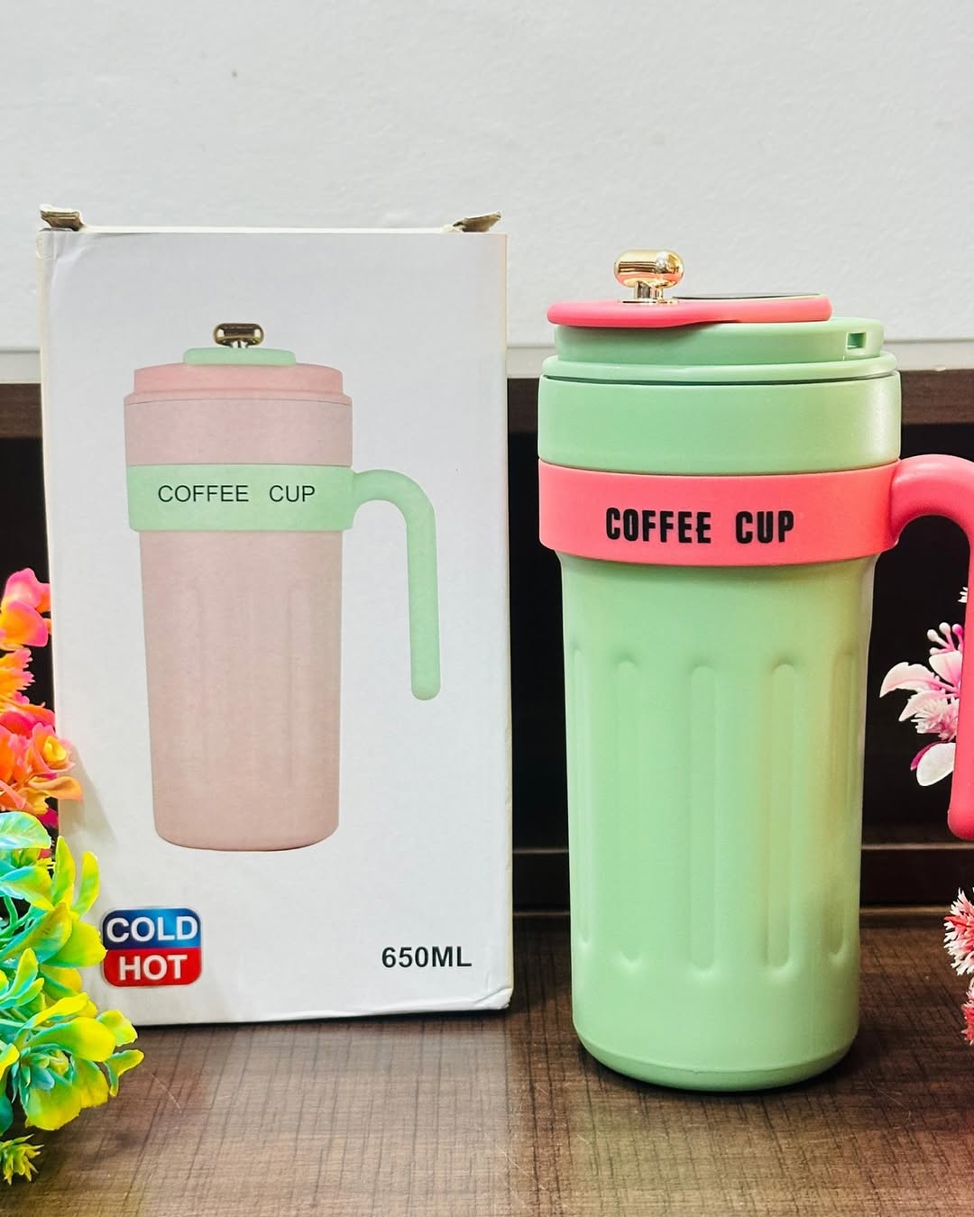 Cute Coffee Cup – 650ML | Hot & Cold Insulated Mug with Leakproof Lid & Handle