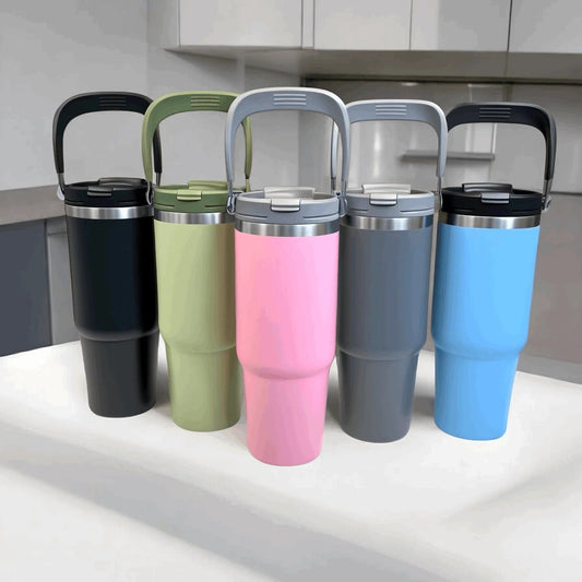Insulated Stainless Steel Tumblers with Handle – Hot & Cold Reusable Travel Tumblers (6 Colors) Zipzo