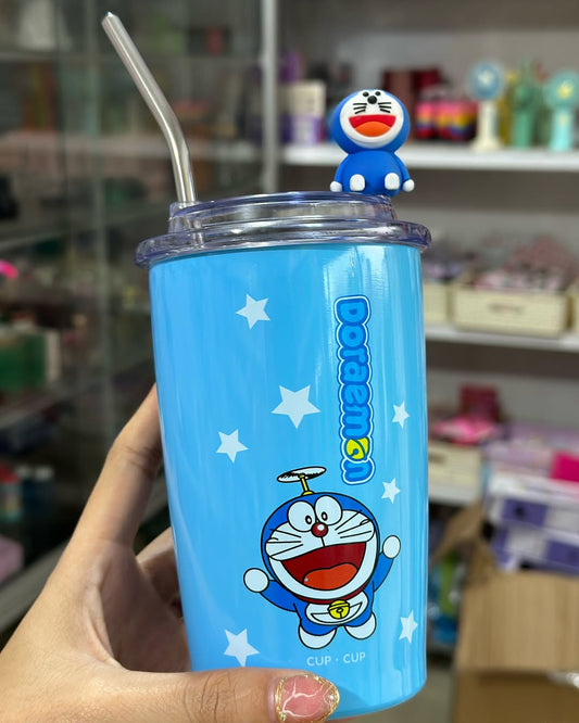 Doraemon Blue Tumbler with Straw – Cute Cartoon Cup with Lid & Charm